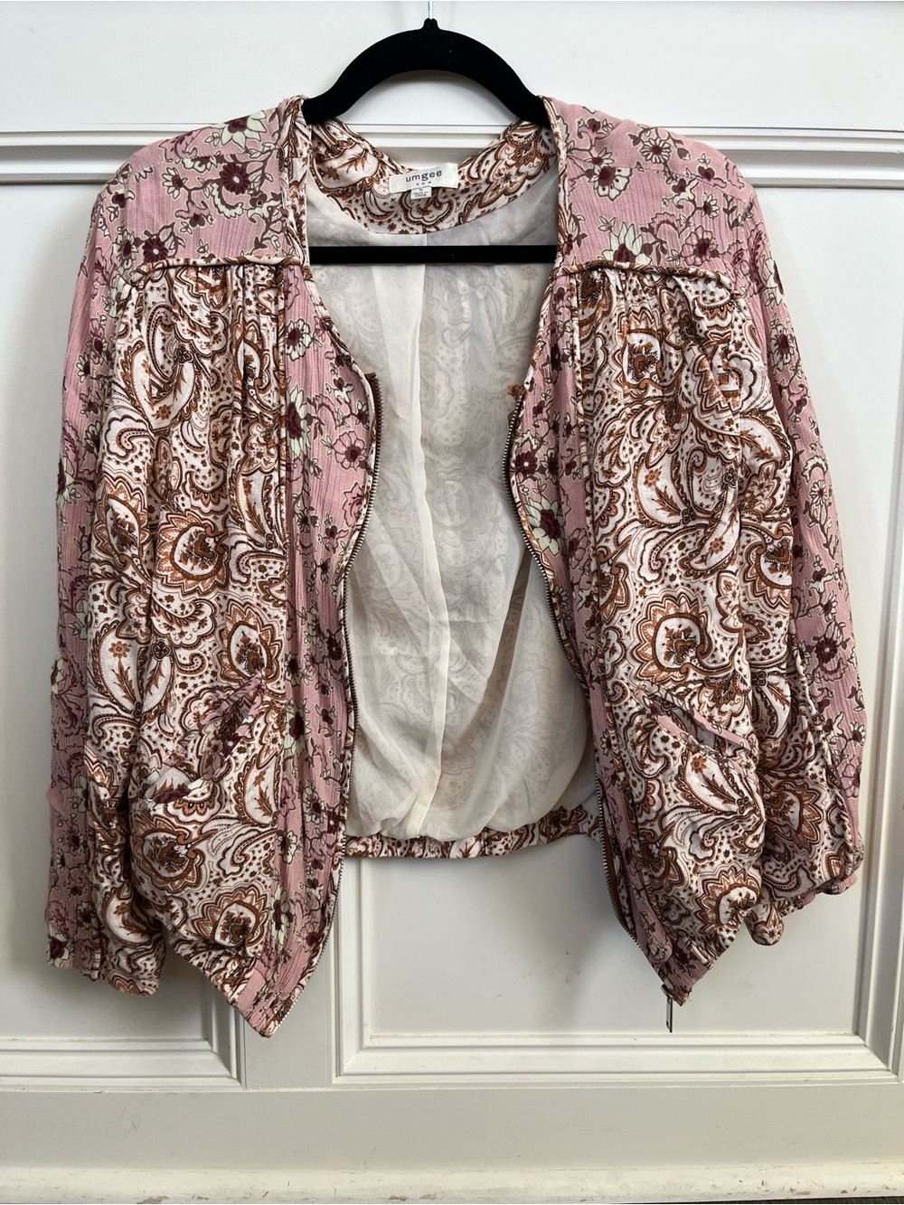 UMGEE Pink Paisley Zip-Front Bomber Jacket, S - Picture 2 of 8